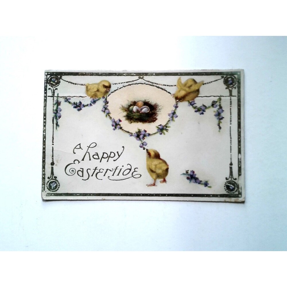Vintage Embossed Eastertide Chicks Nest Eggs Saxony Postcard Gel Coated